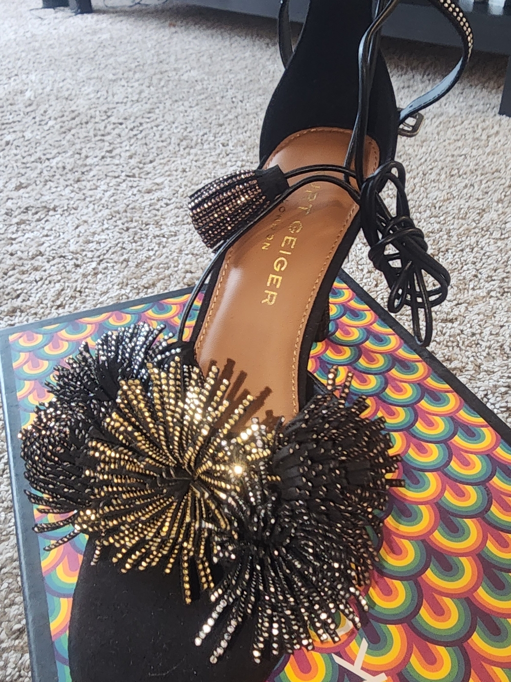 Kurt Geiger Black Heels with Gold Beaded Pom-Poms